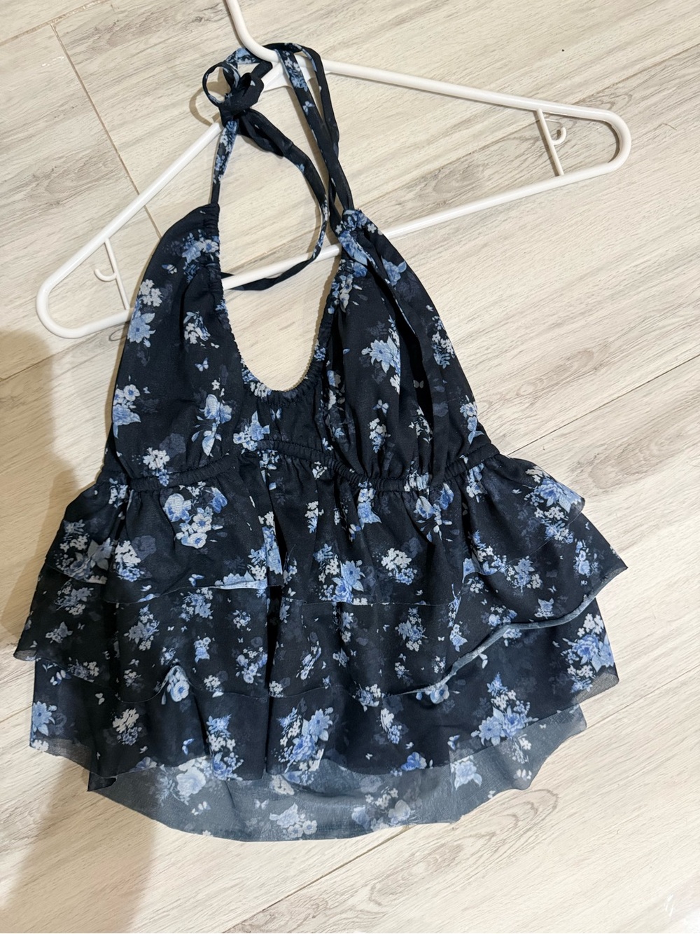 wild fable Black Halter Ruffle Camisole with Blue Floral Print